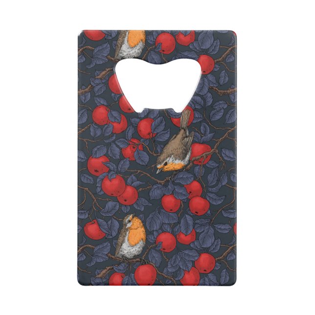 Rotkehlchen im Apfelbaum/Blau und Rot  Geldbeutel Flaschenöffner (Vorderseite)