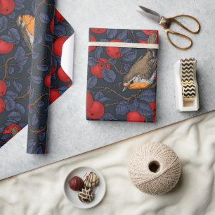 Rotkehlchen im Apfelbaum/ blau und rot Geschenkpapier