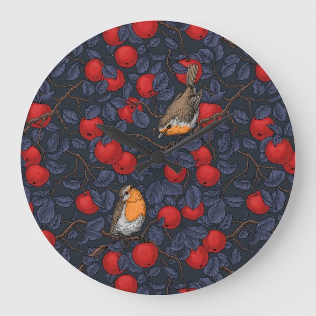 Rotkehlchen im Apfelbaum/Blau und Rot  Große Wanduhr (Vorderseite)