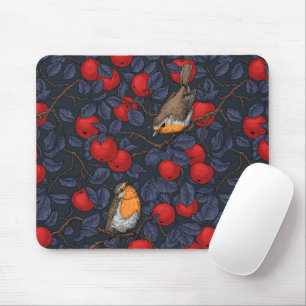 Rotkehlchen im Apfelbaum/ blau und rot Mousepad