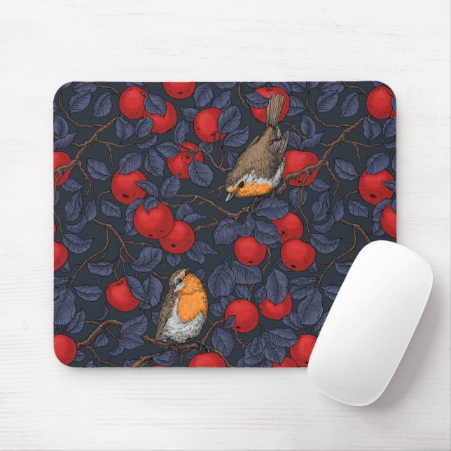 Rotkehlchen im Apfelbaum/ blau und rot  Mousepad (Mit Mouse)