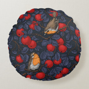 Rotkehlchen im Apfelbaum/ blau und rot Rundes Kissen