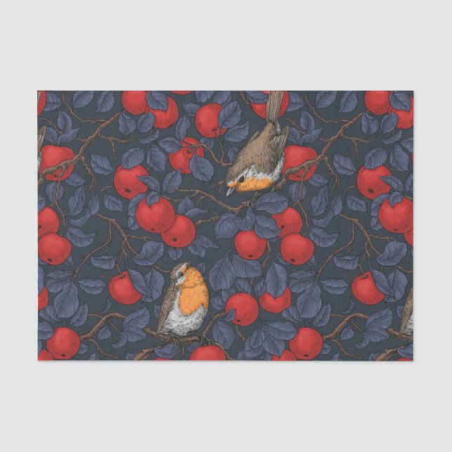 Rotkehlchen im Apfelbaum/ blau und rot  Seidenpapier (Vorderseite)