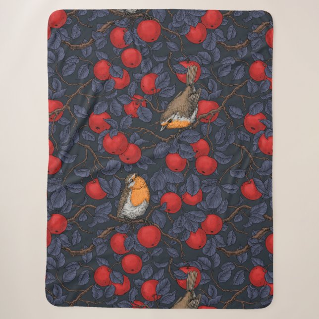 Rotkehlchen im Apfelbaum/ blau und rot  Sherpadecke (Vorderseite)