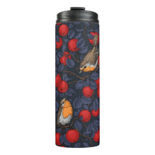 Rotkehlchen im Apfelbaum/ blau und rot Thermosbecher