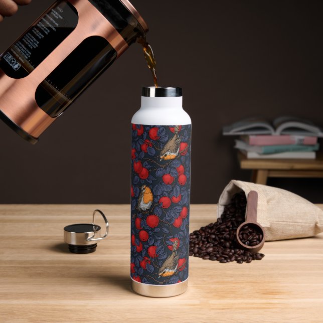 Rotkehlchen im Apfelbaum/ blau und rot  Trinkflasche (Kaffee)