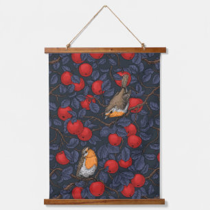 Rotkehlchen im Apfelbaum/ blau und rot Wandteppich Mit Holzrahmen