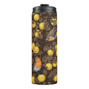 Rotkehlchen im Apfelbaum/gelb und dunkelbraun Thermosbecher