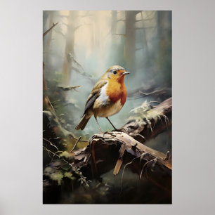 Rotkehlchen im Wald-Wanddruck, rustikaler Vogel Poster
