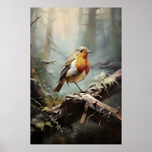 Rotkehlchen im Wald-Wanddruck, rustikaler Vogel Poster (Vorne)
