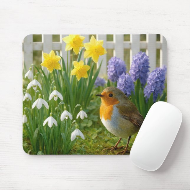 Rotkehlchen in einem Frühlingsgarten Mousepad (Mit Mouse)