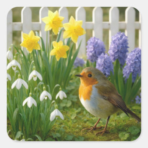 Rotkehlchen in einem Frühlingsgarten Quadratischer Aufkleber