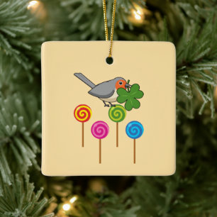 Rotkehlchen mit Kleeblatt und bunten Lutschern Keramikornament
