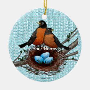 Rotkehlchen-Nest-Ornament mit individuellem Namen Keramik Ornament