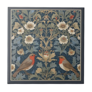 Rotkehlchen-Paar im Stil von William Morris Fliese