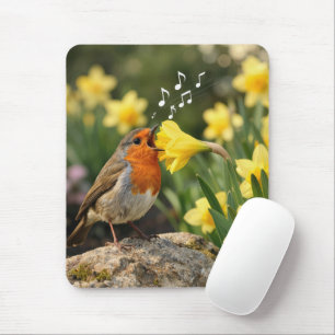 Rotkehlchen singt in eine Frühlingsnarzisse Mousepad