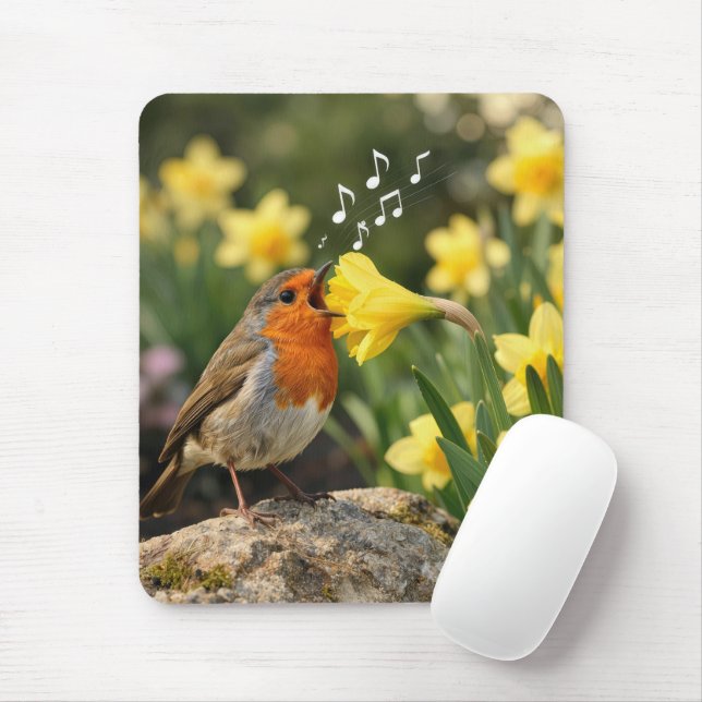 Rotkehlchen singt in eine Frühlingsnarzisse Mousepad (Mit Mouse)