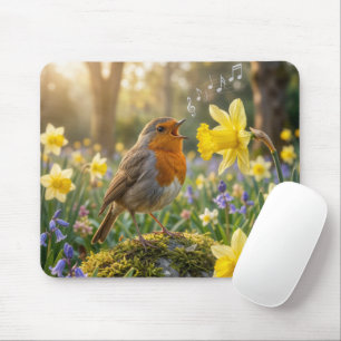 Rotkehlchen singt in eine Narzisse Mousepad