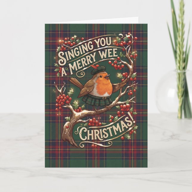 Rotkehlchen-Tartan-Weihnachtskarte Karte (Vorderseite)