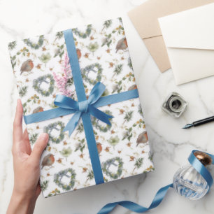 Rotkehlchen und Blumen Geschenkpapier