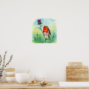Rotkehlchen und Distelblüten - Botanisches Aquarel Poster