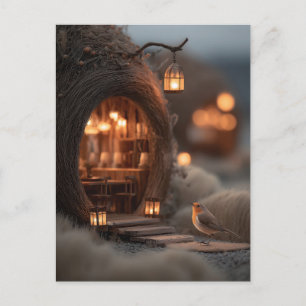Rotkehlchen und leuchtendes Feenhaus in einem magi Postkarte