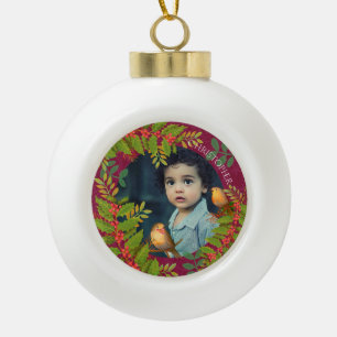 Rotkehlchen Vögel Stechpalmen-Beeren-Foto-Wein Keramik Kugel-Ornament