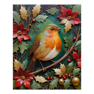 Rotkehlchen zwischen Stechpalme und Weihnachtsster Poster