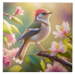 Rotköpfiger Buffbrüstiger Laubsänger Fantasy-Vogel Fliese