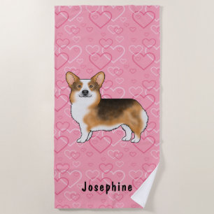 Rotköpfiger Tri Pembroke Welsh Corgi Rosa Herzen Strandtuch