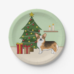 Rotköpfiger Tri Pembroke Welsh Corgi Weihnachtsbau Pappteller