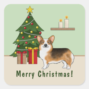 Rotköpfiger Tri Pembroke Welsh Corgi Weihnachtsbau Quadratischer Aufkleber