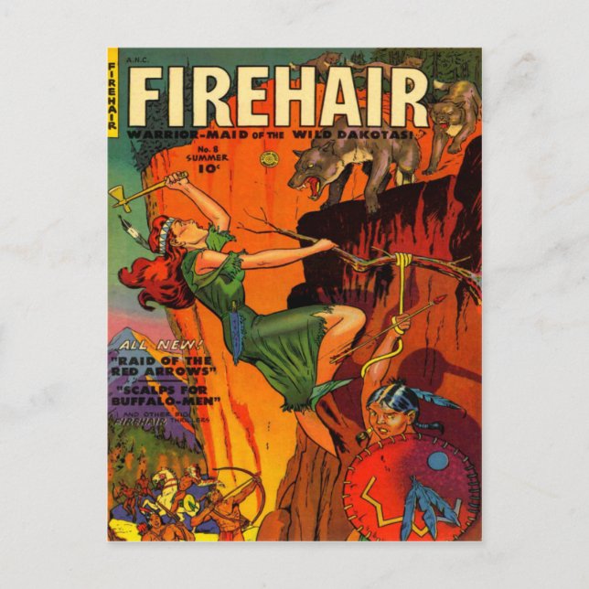 Rotkopfkriegermädchen kämpfen Wölfe Postkarte (Vorderseite)