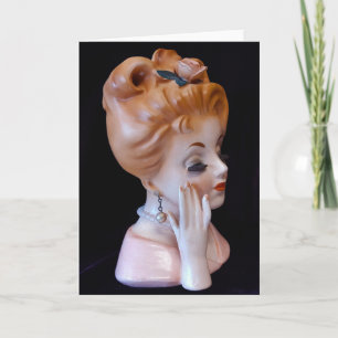 Rotkopflady Head Vase Pink Rose in der Haare Puppe Karte