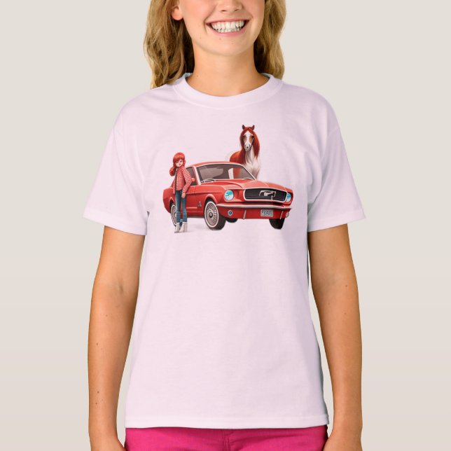 Rotkopfmädchen mit Mustang Car Horse T-Shirt (Vorderseite)