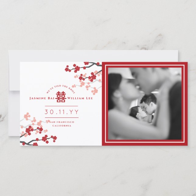 Rotkrebserblüten Doppelglückliches Foto Hochzeit Ankündigung (Vorderseite)