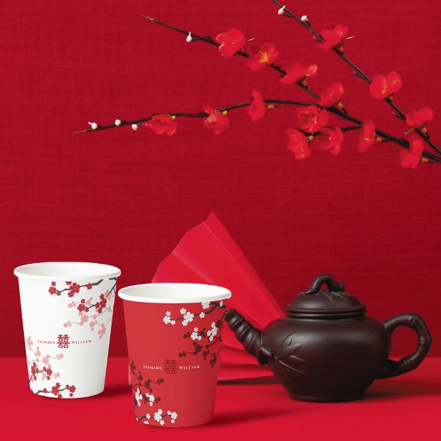 Rotkrebserblüten und Chinesische Doppelhochzeit Pappbecher (Red/White Cherry Blossoms And Double Happiness Chinese Wedding Party Paper Cups @ fatfatin_red_knot)