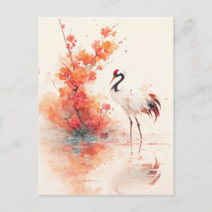 Rotkronenkranich mit Zweig der Orangenblüte Postkarte