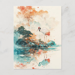 Rotkronenkranich stehend in blauer Seelandschaft Postkarte