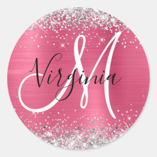 Rötlich Rosa Ombre Folie Silber Glitter Monogramm Runder Aufkleber