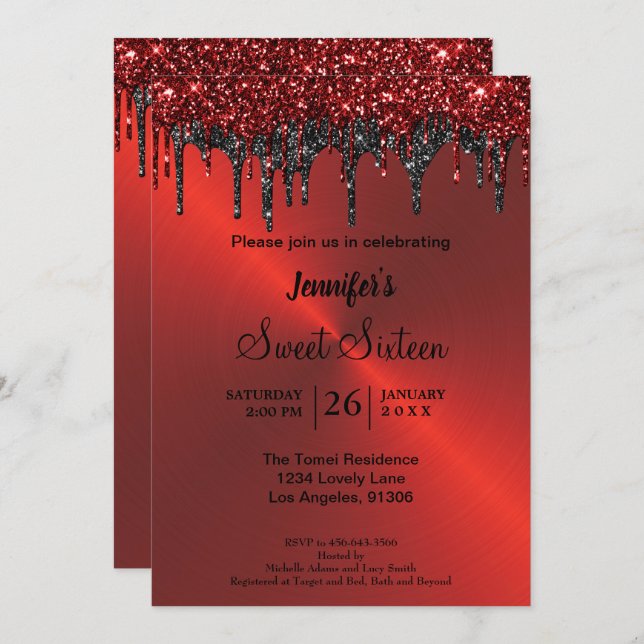 Rotmetallischer Glitzer 16 . Geburtstag Einladung (Vorne/Hinten)