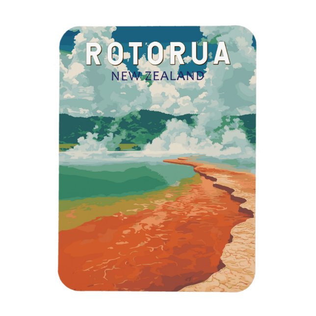 Rotorua New Zealand Illustration Travel Art Retro Magnet (Vertikal)