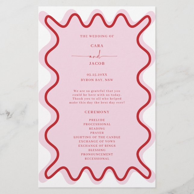 Rotrosa Vibrannte Wavy Border Zeremony Program (Vorderseite)