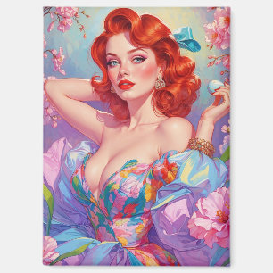 Rotschopf-Pin-Up mit Osterei rosa Blumen Magnet