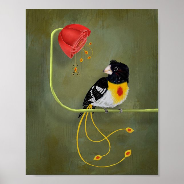 Rotschwanz Gelber Brustvogel mit Bananenspinne Poster (Vorne)