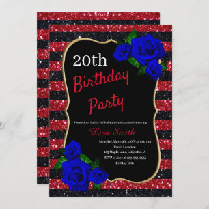 Rotschwarze Streifen Glitzer Blaue Rose Einladung