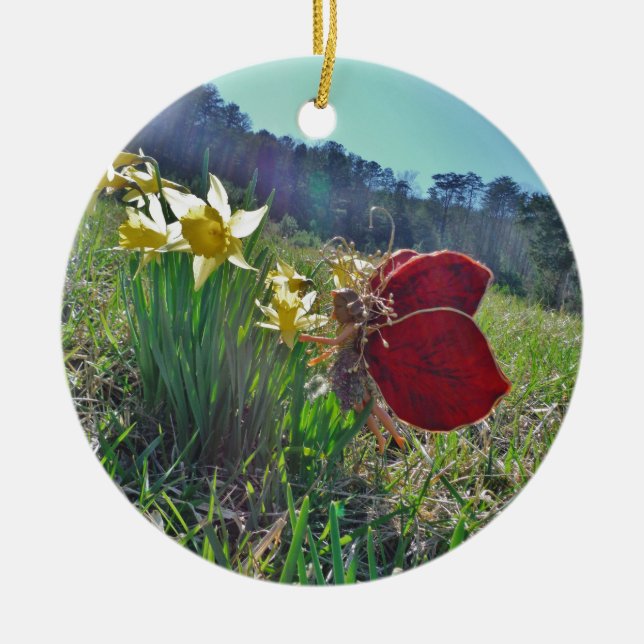 Rotschwingfee und Narzissen Keramik Ornament (Vorne)