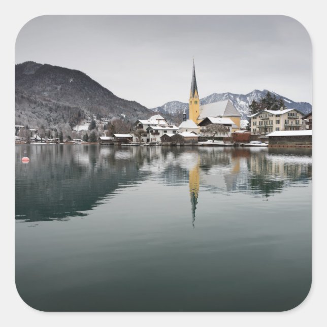 Rottach-Egern im Tegernsee, Bayern im Winter Quadratischer Aufkleber (Vorderseite)