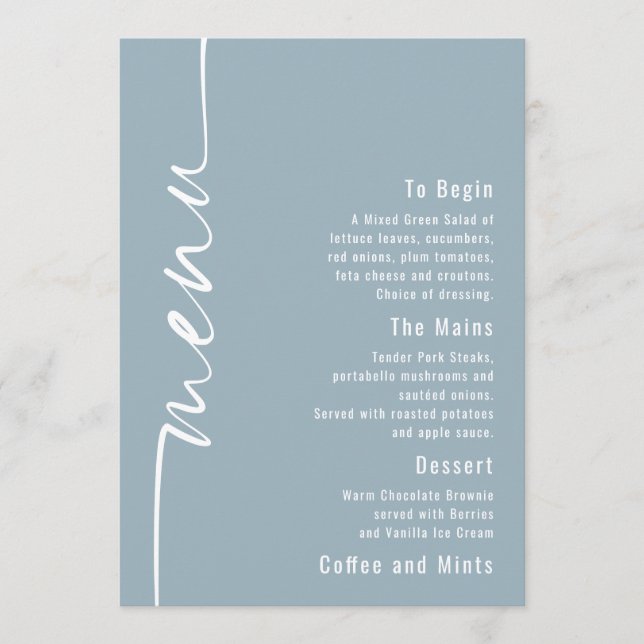 Rotter Text Dusty Blue Wedding Menu Card Einladung (Vorderseite)