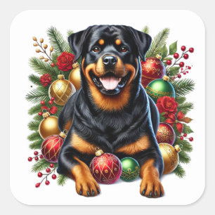 Rottweiler Amid Christmas Ornaments Quadratischer Aufkleber